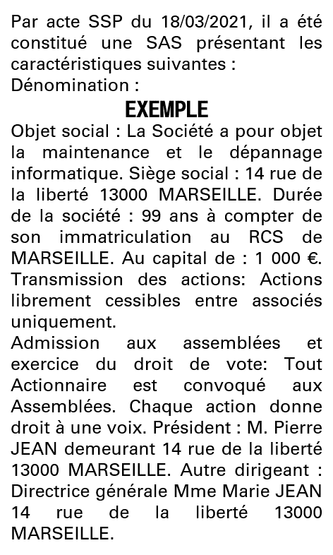 Modèle annonce légale de constitution SAS Bouches-du-Rhône