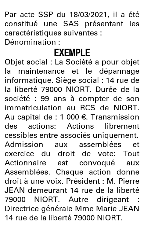 Modèle annonce légale de constitution SAS Deux-Sèvres