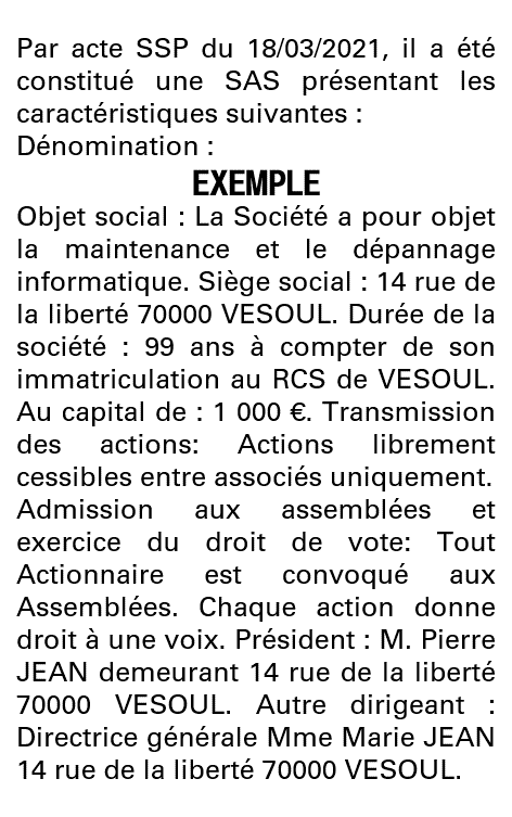 Modèle annonce légale de constitution SAS Haute-Saône