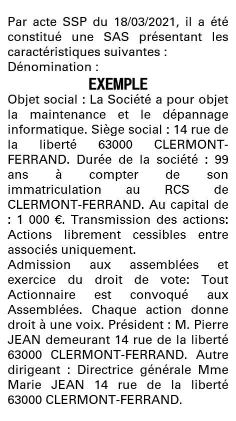 Modèle annonce légale de constitution SAS Puy-de-Dôme