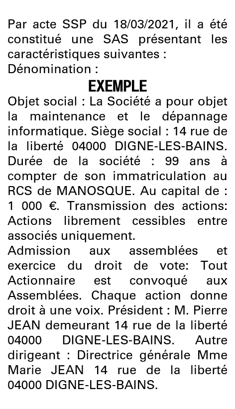 Modèle annonce légale de constitution SAS Alpes-de-Haute-Provence