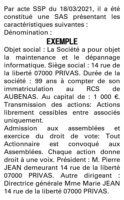 Modèle annonce légale de constitution SAS Ardèche