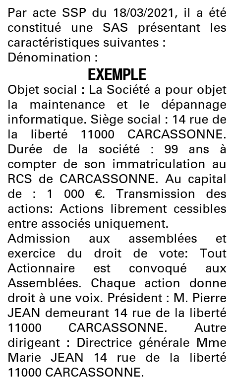 Modèle annonce légale de constitution SAS Aude