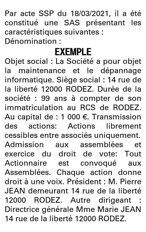 Modèle annonce légale de constitution SAS Aveyron