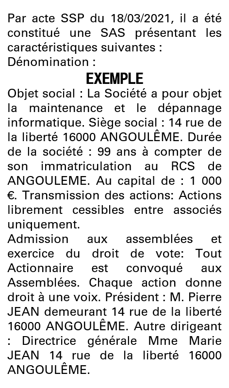 Modèle annonce légale de constitution SAS Charente