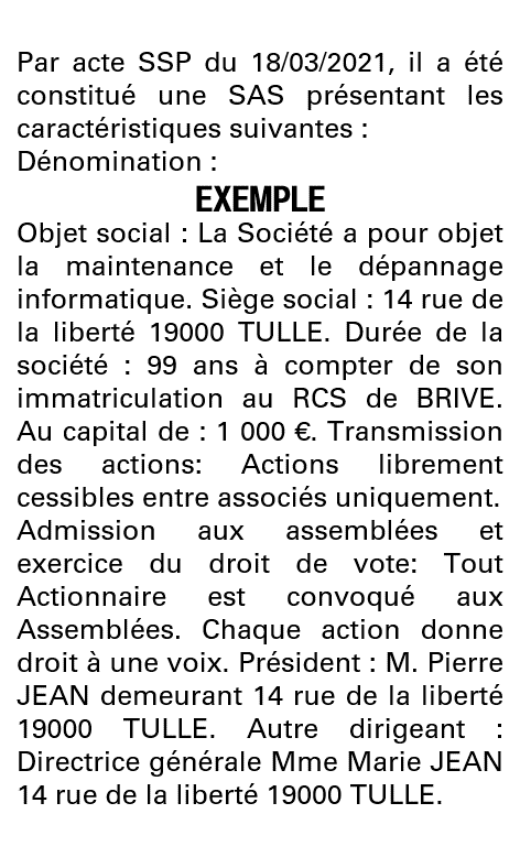 Modèle annonce légale de constitution SAS Corrèze