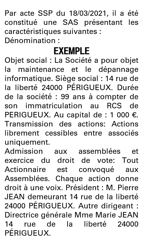 Modèle annonce légale de constitution SAS Dordogne