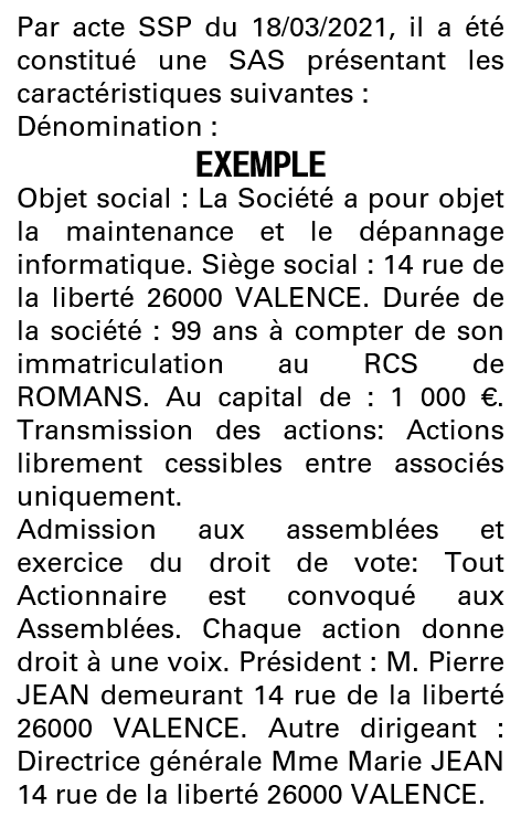Modèle annonce légale de constitution SAS Drôme