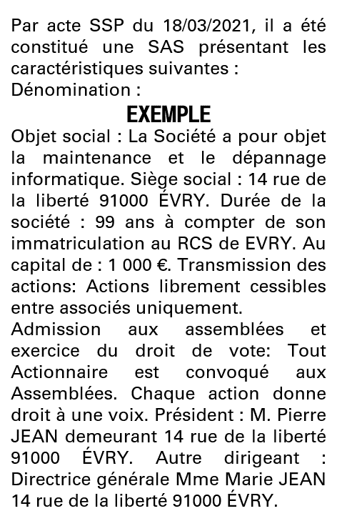 Modèle annonce légale de constitution SAS Essonne
