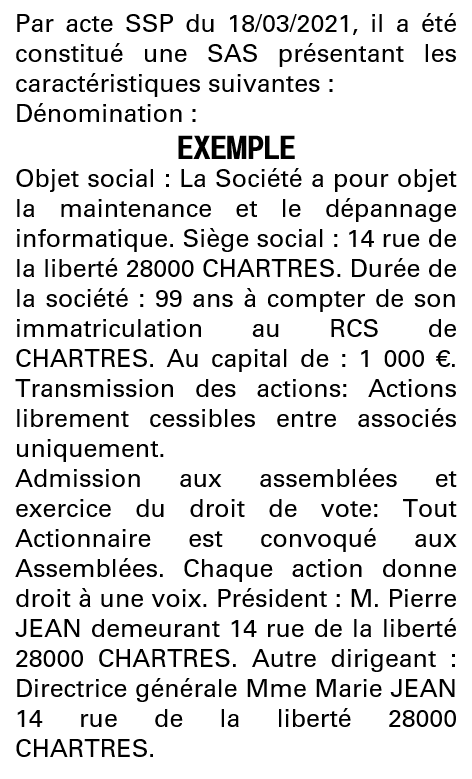 Modèle annonce légale de constitution SAS Eure-et-Loir