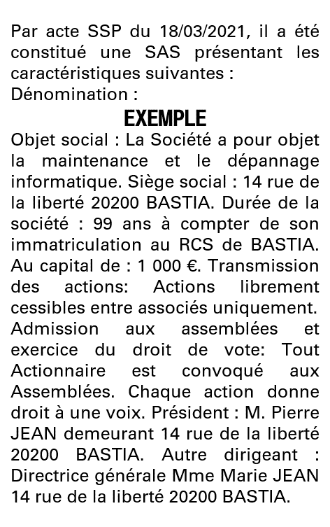 Modèle annonce légale de constitution SAS Haute-Corse