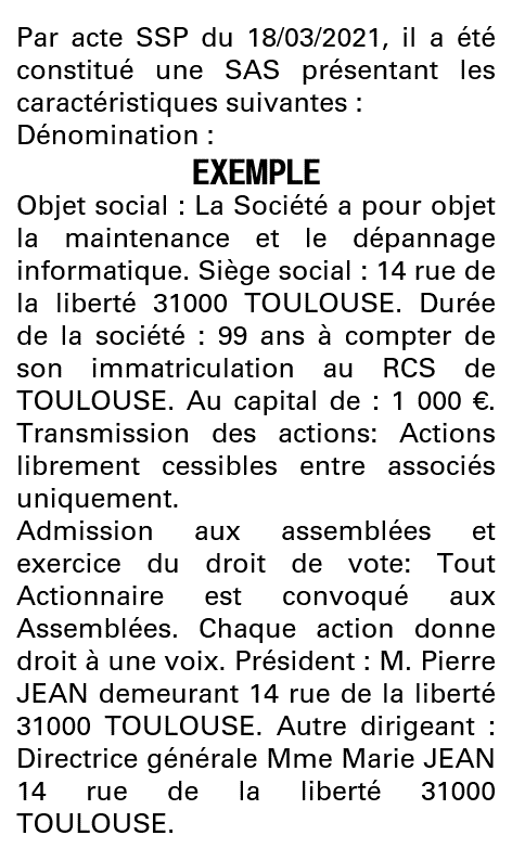 Modèle annonce légale de constitution SAS Haute-Garonne