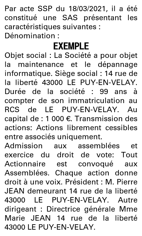 Modèle annonce légale de constitution SAS Haute-Loire