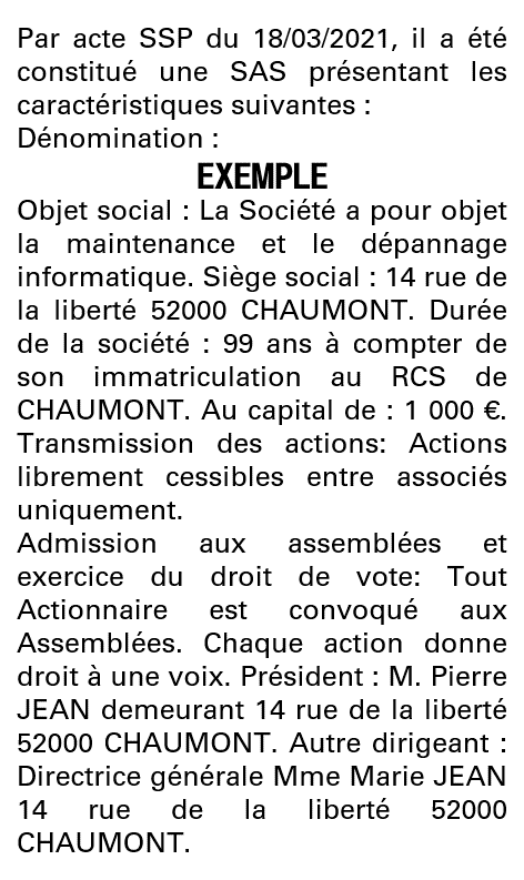 Modèle annonce légale de constitution SAS Haute-Marne