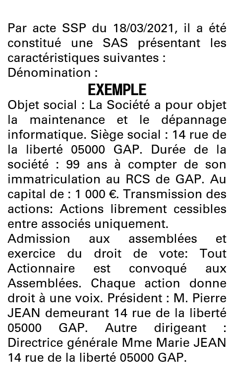Modèle annonce légale de constitution SAS Hautes-Alpes