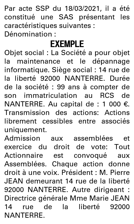 Modèle annonce légale de constitution SAS Hauts-de-Seine