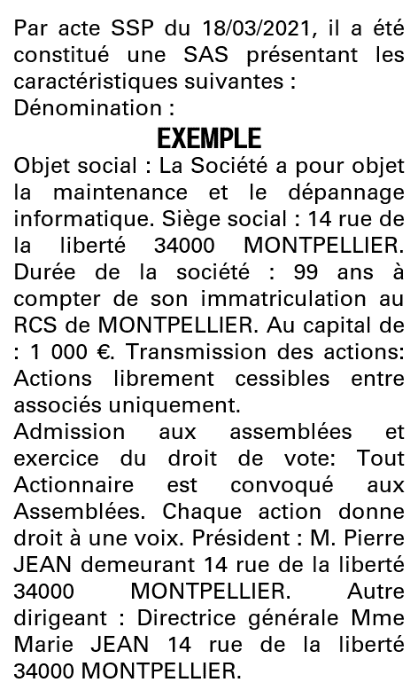 Modèle annonce légale de constitution SAS Hérault