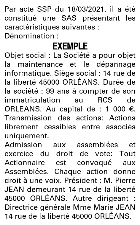 Modèle annonce légale de constitution SAS Loiret