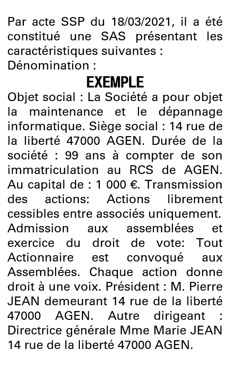 Modèle annonce légale de constitution SAS Lot-et-Garonne
