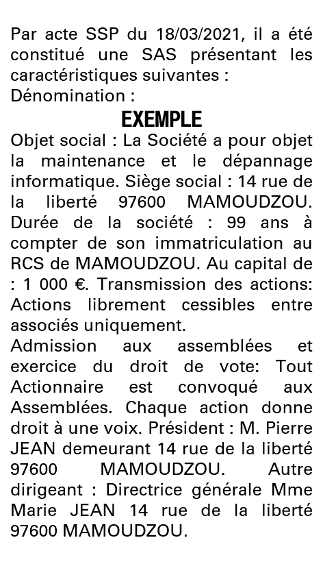 Modèle annonce légale de constitution SAS Mayotte