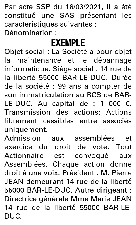 Modèle annonce légale de constitution SAS Meuse