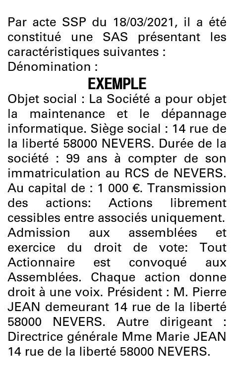 Modèle annonce légale de constitution SAS Nièvre