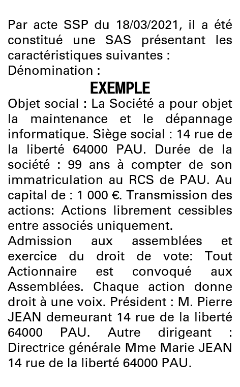 Modèle annonce légale de constitution SAS Pyrénées-Atlantiques