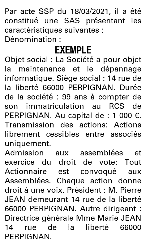 Modèle annonce légale de constitution SAS Pyrénées-Orientales