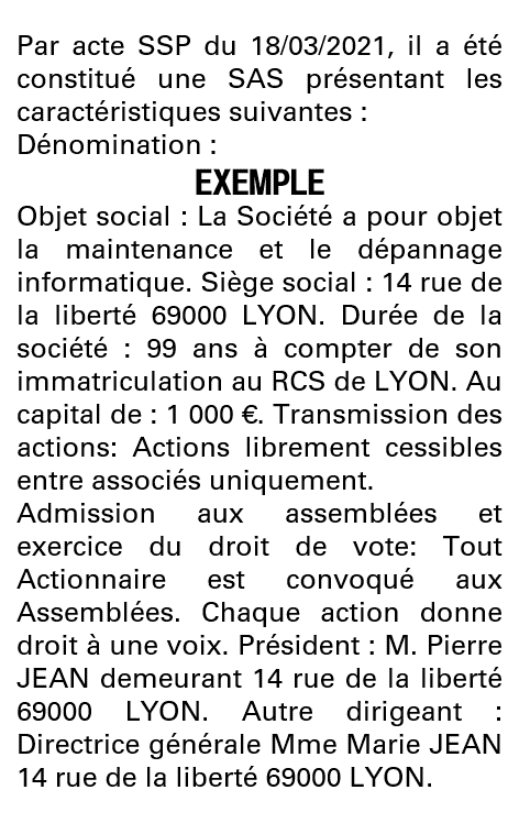 Modèle annonce légale de constitution SAS Rhône