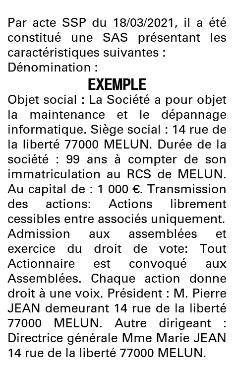 Modèle annonce légale de constitution SAS Seine-et-Marne