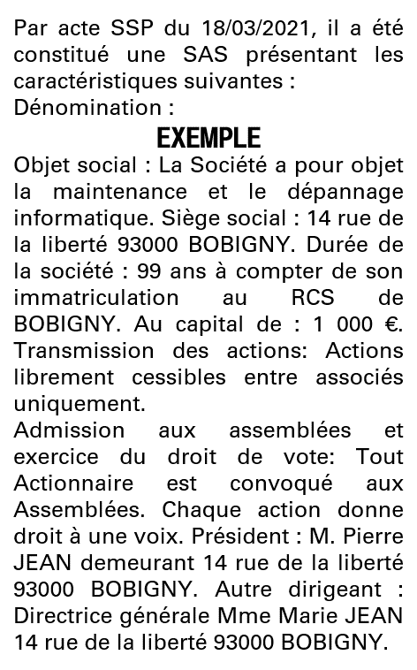 Modèle annonce légale de constitution SAS Seine-Saint-Denis