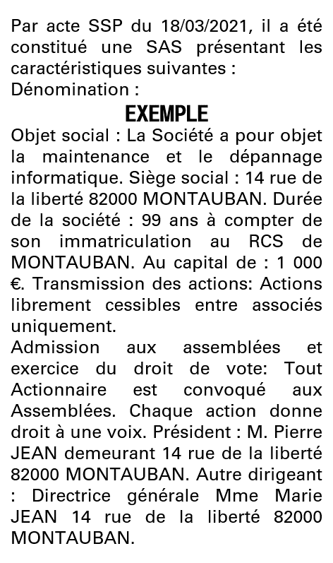 Modèle annonce légale de constitution SAS Tarn-et-Garonne