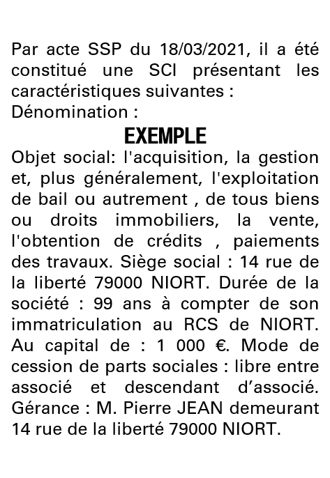 Modèle annonce légale de constitution SCI Deux-Sèvres