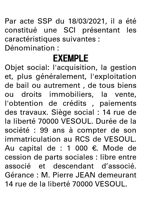 Modèle annonce légale de constitution SCI Haute-Saône