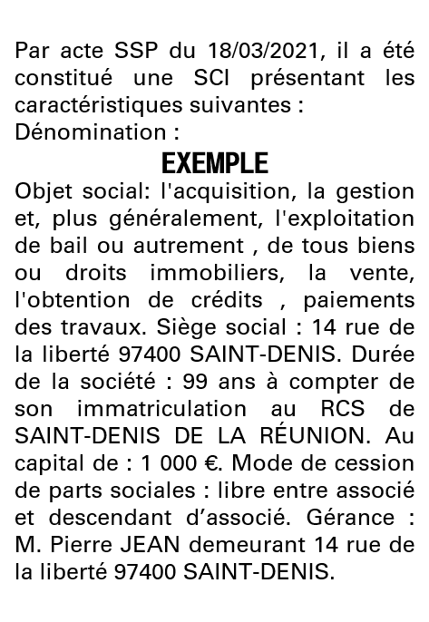 Modèle annonce légale de constitution SCI La Réunion