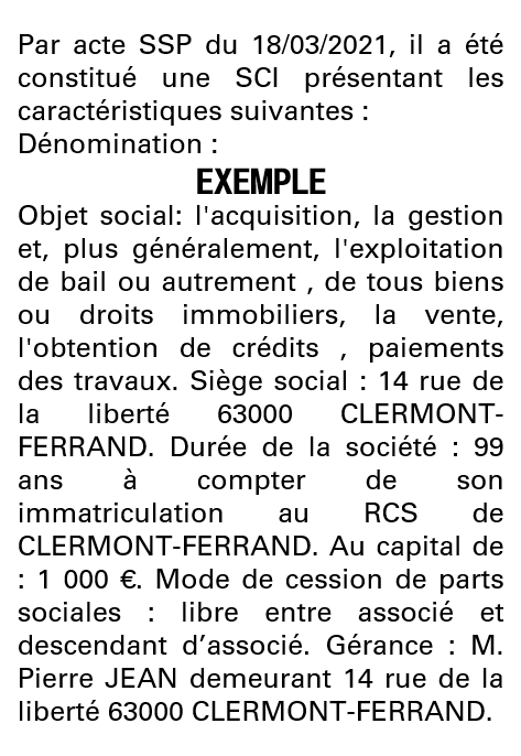 Modèle annonce légale de constitution SCI Puy-de-Dôme