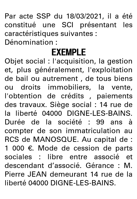 Modèle annonce légale de constitution SCI Alpes-de-Haute-Provence