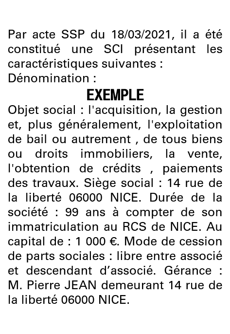 Modèle annonce légale de constitution SCI Alpes-Maritimes