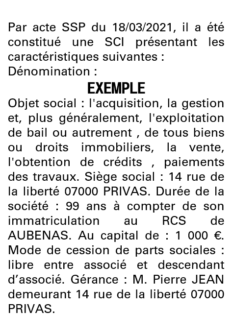 Modèle annonce légale de constitution SCI Ardèche