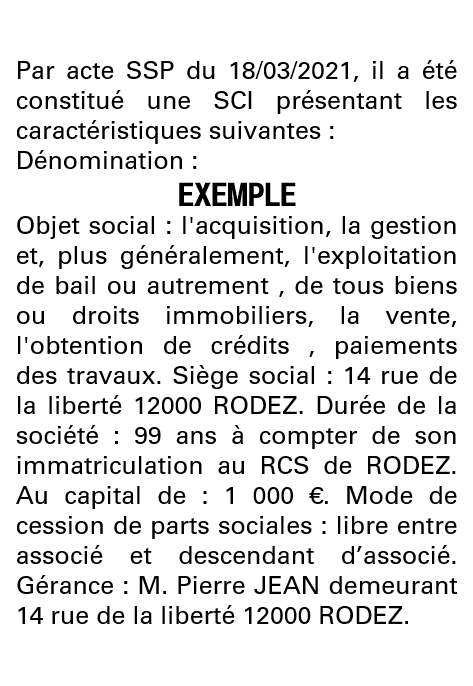 Modèle annonce légale de constitution SCI Aveyron