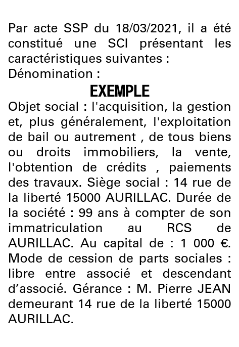 Modèle annonce légale de constitution SCI Cantal