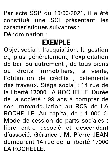 Modèle annonce légale de constitution SCI Charente-Maritime