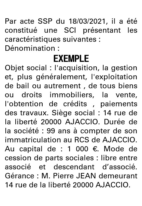 Modèle annonce légale de constitution SCI Corse-du-Sud