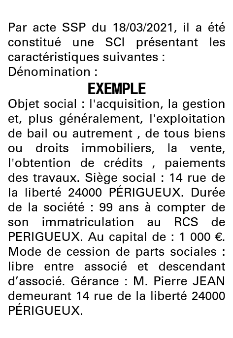 Modèle annonce légale de constitution SCI Dordogne