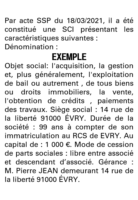 Modèle annonce légale de constitution SCI Essonne