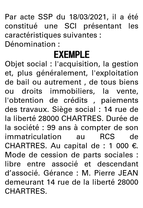 Modèle annonce légale de constitution SCI Eure-et-Loir