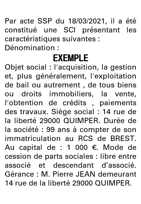 Modèle annonce légale de constitution SCI Finistère