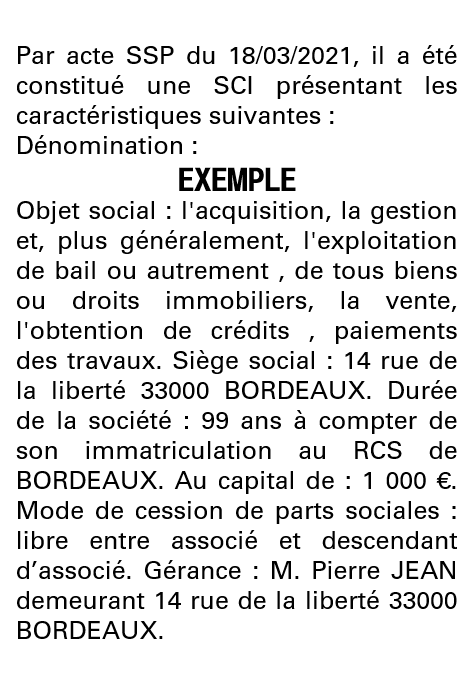 Modèle annonce légale de constitution SCI Gironde