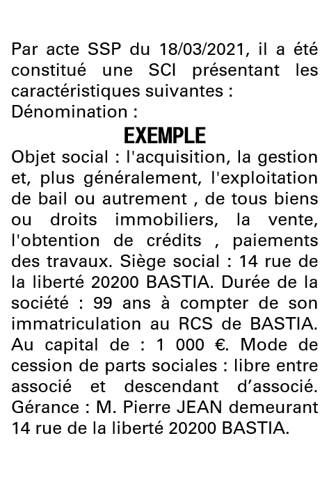 Modèle annonce légale de constitution SCI Haute-Corse