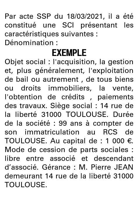 Modèle annonce légale de constitution SCI Haute-Garonne